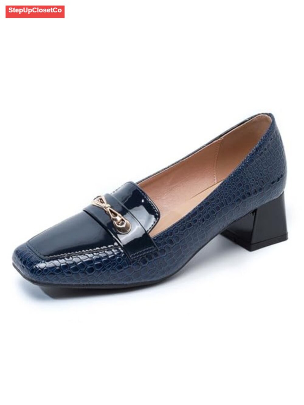 Printed Block Heel Loafers Metal Buckle Slip On Square Toe Office Pumps